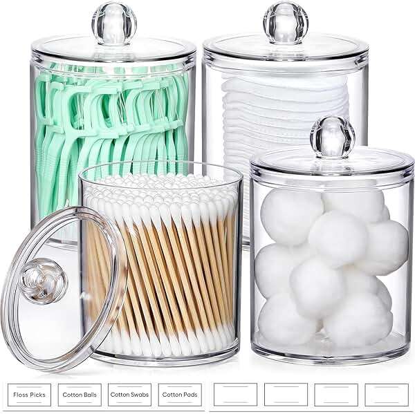 4 Pack Acrylic Qtip Holder Dispenser for Cotton Swabs, Balls, Pads, Floss Picks- Small Clear Acrylic Canister Apothecary Jar Set, Bathroom Essentials Accessories Decor, Vanity Makeup Storage Organizer - Image 9