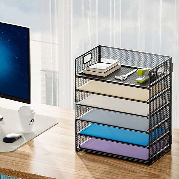 Marbrasse 6 Tier Paper Organizer Letter Tray - Mesh Desk File Organizer with Handle, Paper Sorter Organizer for Letter/A4 Office File Folder Holder - Black - Image 2