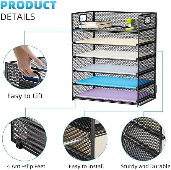 Marbrasse 6 Tier Paper Organizer Letter Tray - Mesh Desk File Organizer with Handle, Paper Sorter Organizer for Letter/A4 Office File Folder Holder - Black - Image 5