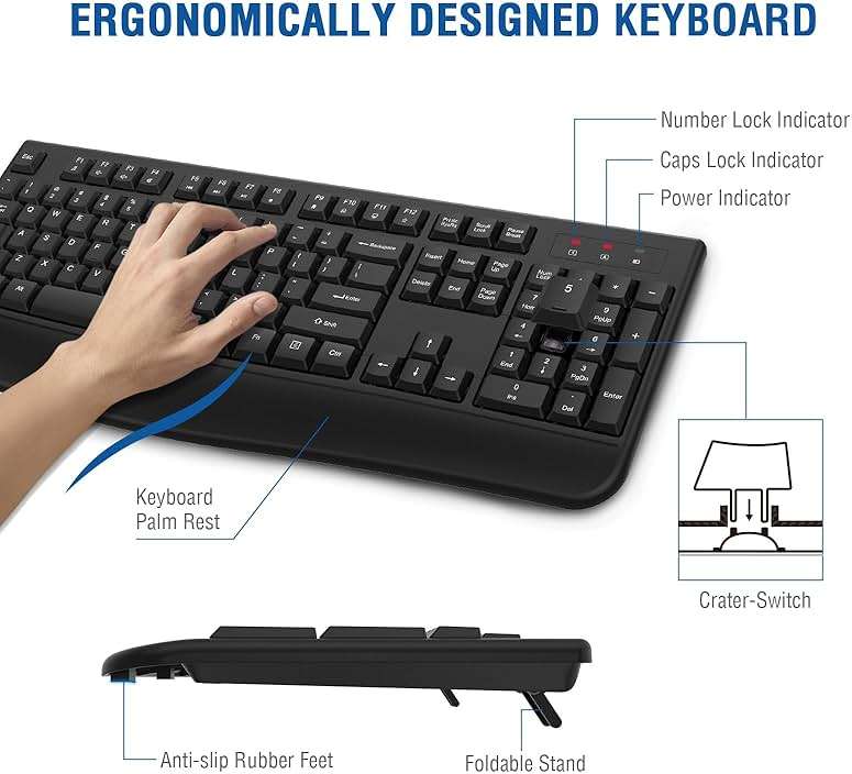 Wireless Keyboard and Mouse Combo, EDJO 2.4G Full-Sized Ergonomic Computer Keyboard with Wrist Rest and 3 Level DPI Adjustable Wireless Mouse for Windows, Mac OS Desktop/Laptop/PC - Image 4