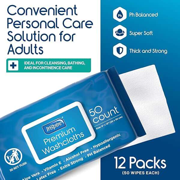 Inspire Adult Wet Wipes, Wash Cloths | Adult Wipes for Incontinence & Cleansing for Elderly, 8"x12" Count 12 packs of 50 - Image 8