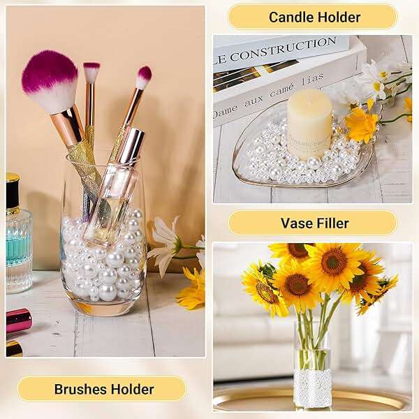 Suream White 1300Pcs Vase Fillers Pearls, 8mm/0.31in Faux Plastic Pearls for Crafts No Hole, Decorative Bulk Filler Beads for Home Centerpiece, Makeup Brush Holder, Wedding Candles, Table Scatter - Image 6