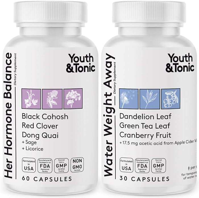 Youth & Tonic PMS & Menopause Bloating Relief Duo – Support for Puffiness, Hormonal Balance & Fluid Retention – Her Hormone Balance + Water Weight Away Natural Herbs for Women, 90 Capsules - Image 1
