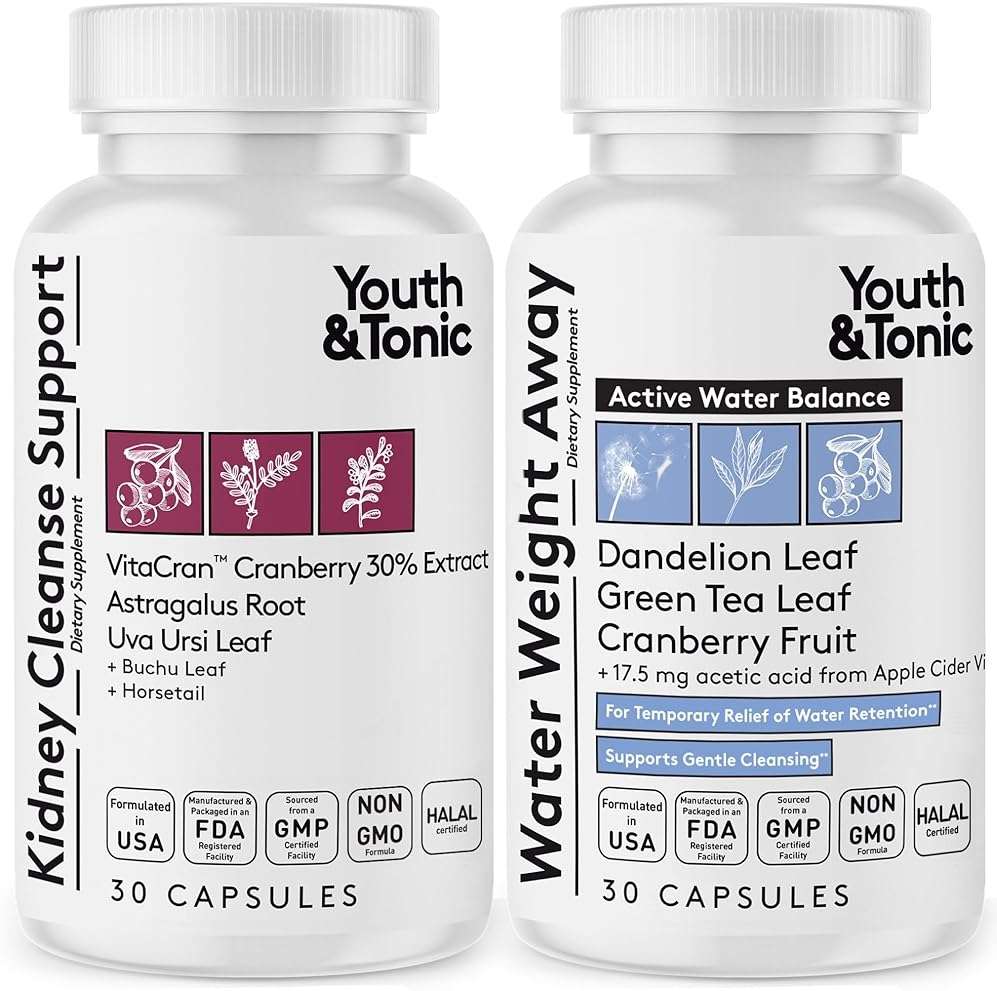 Youth & Tonic Gentle Body Cleanse & Detox – Clean Reset with Natural Flush & Diuretic Balance – 2PK: Kidney Cleanse Support + Water Weight Away, 60 Pills - Image 1