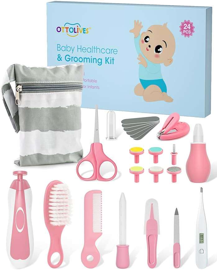 OTTOLIVES Baby Healthcare and Grooming Kit, 24 in 1 Baby Electric Nail Trimmer Set Newborn Nursery Health Care Set for Newborn Infant Toddlers Baby Boys Girls Kids Haircut Tools (0-3 Years+) (Pink) - Image 1