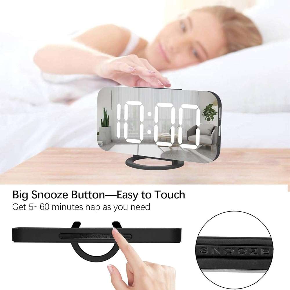 Miowachi Digital Alarm Clock,Large Mirrored LED Clock,Snooze,Dim Night Light 2 USB Charger Ports Desk Alarm Clocks for Bedroom Decor (Black) - Image 4