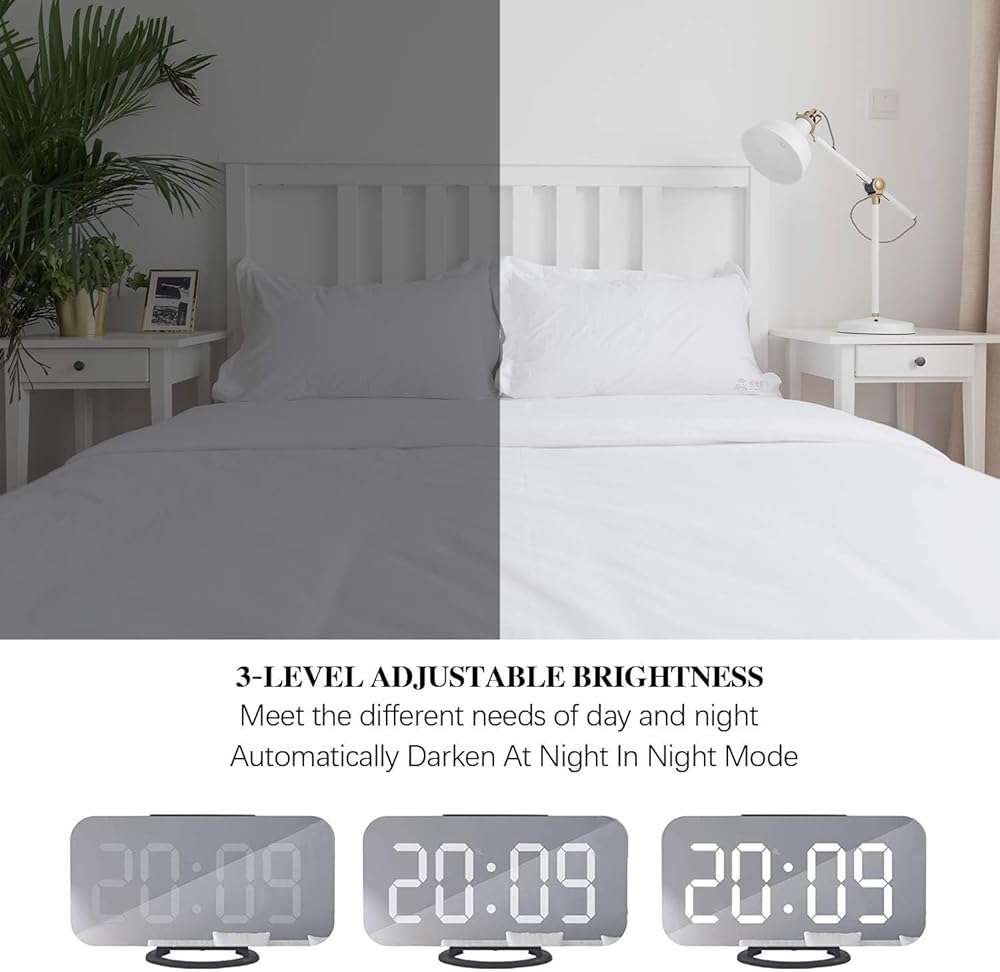 Miowachi Digital Alarm Clock,Large Mirrored LED Clock,Snooze,Dim Night Light 2 USB Charger Ports Desk Alarm Clocks for Bedroom Decor (Black) - Image 5