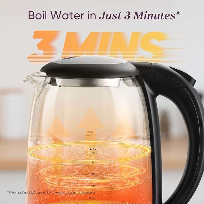Cosori Electric Kettle, No Plastic Contact With Water, Wide Mouth For Easy Cleaning, Auto Shut Off, 1.7L Tea Kettle & Hot Water Boiler, Water Heater & Teapot, Borosilicate Glass, Black, 1500W - Image 4