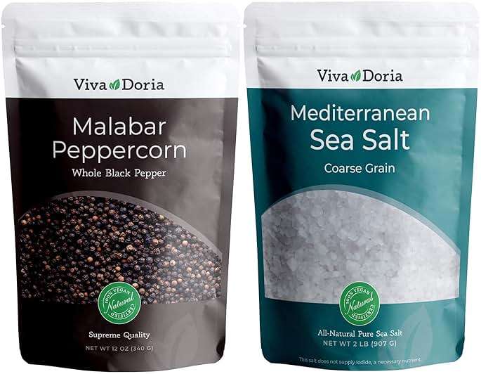 Viva Doria Malabar Whole Black Peppercorns, 12 oz + Mediterranean Sea Salt, Coarse Grain, 2 lb – Grinder Refill Pack | Sea Salt & Whole Black Pepper, 2-Piece Set - Image 1