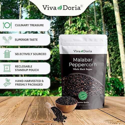 Viva Doria Malabar Whole Black Peppercorns, 12 oz + Mediterranean Sea Salt, Coarse Grain, 2 lb – Grinder Refill Pack | Sea Salt & Whole Black Pepper, 2-Piece Set - Image 3