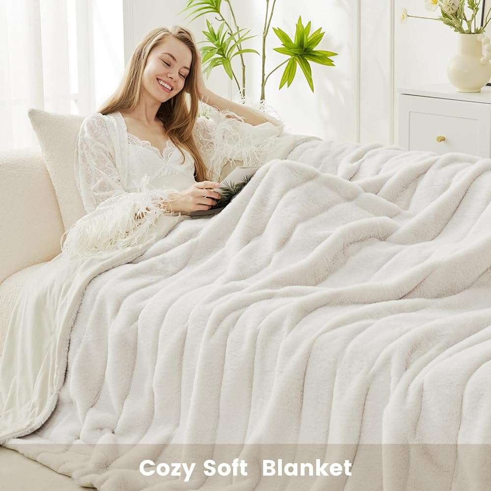 Cozy Bliss Deluxe Sheared Rabbit Faux Fur Throw Blanket, Soft Fuzzy High-Low Sculpted Plush Blanket for Couch, Cozy Home Accent, All Season Use, Beige 50"x60" - Image 3