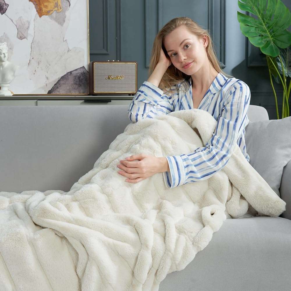 Cozy Bliss Deluxe Sheared Rabbit Faux Fur Throw Blanket, Soft Fuzzy High-Low Sculpted Plush Blanket for Couch, Cozy Home Accent, All Season Use, Beige 50"x60" - Image 4