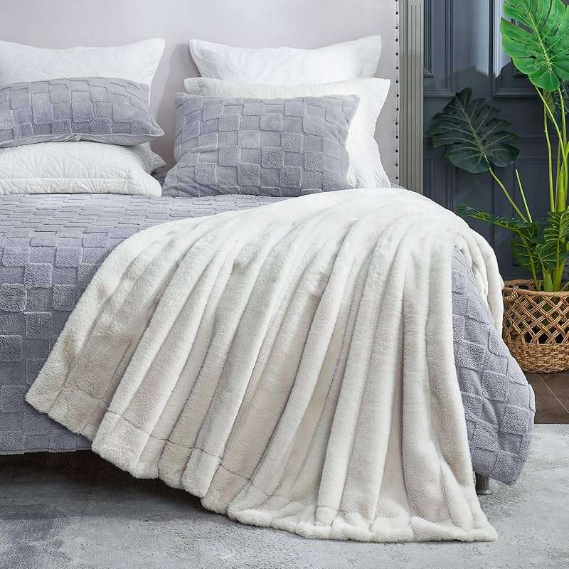 Cozy Bliss Deluxe Sheared Rabbit Faux Fur Throw Blanket, Soft Fuzzy High-Low Sculpted Plush Blanket for Couch, Cozy Home Accent, All Season Use, Beige 50"x60" - Image 5