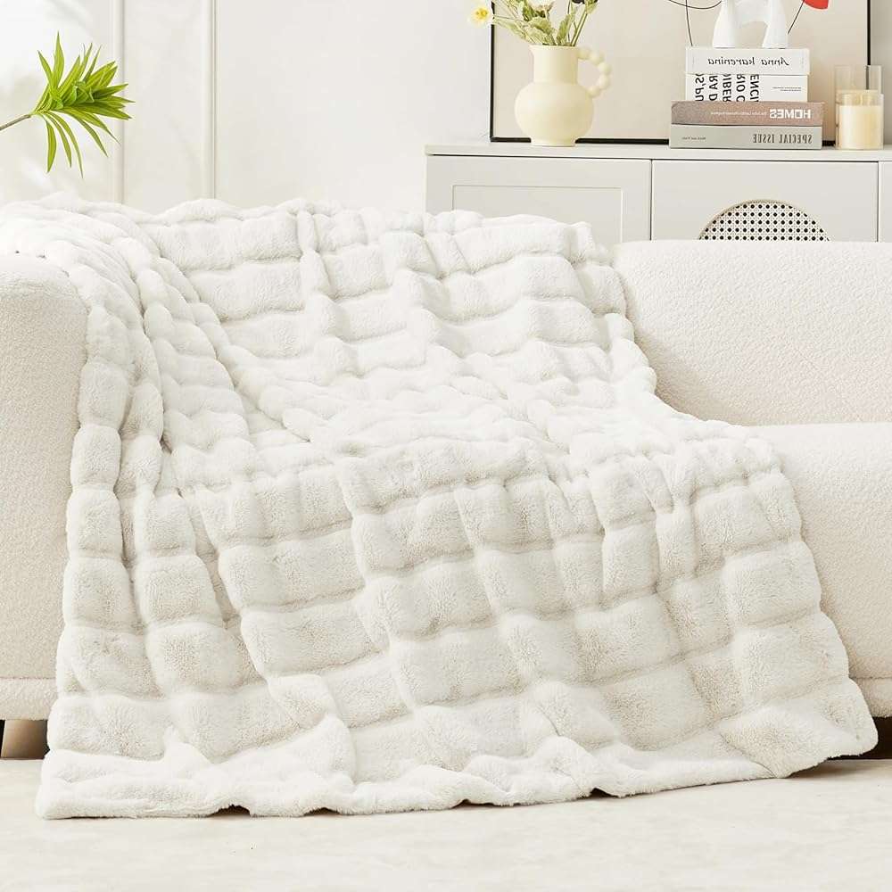 Cozy Bliss Deluxe Sheared Rabbit Faux Fur Throw Blanket, Soft Fuzzy High-Low Sculpted Plush Blanket for Couch, Cozy Home Accent, All Season Use, Beige 50"x60" - Image 6