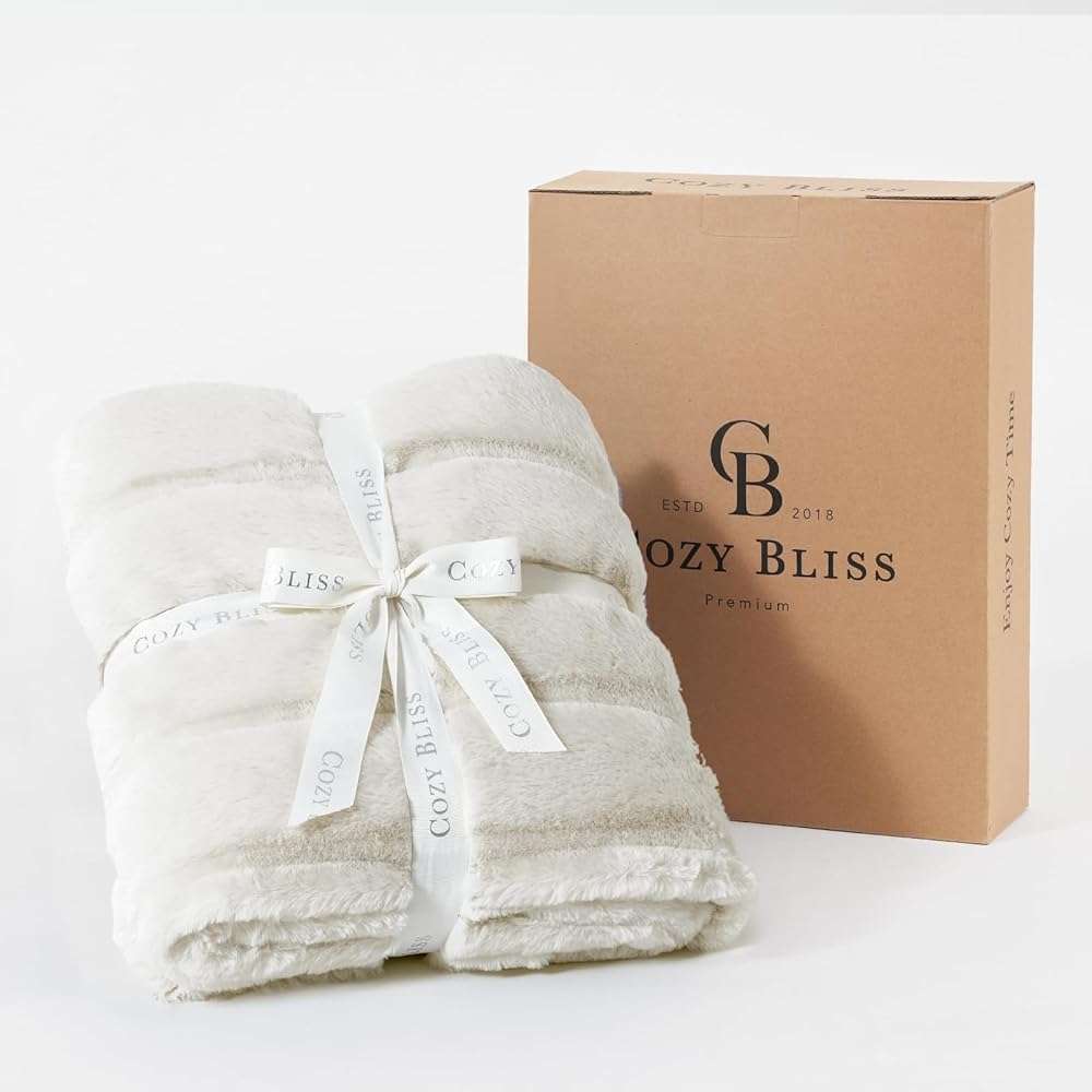 Cozy Bliss Deluxe Sheared Rabbit Faux Fur Throw Blanket, Soft Fuzzy High-Low Sculpted Plush Blanket for Couch, Cozy Home Accent, All Season Use, Beige 50"x60" - Image 8