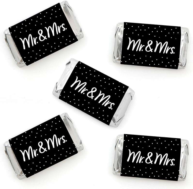 Big Dot of Happiness Mr. and Mrs. - Mini Candy Bar Wrapper Stickers - Black and White Wedding or Bridal Shower Small Favors - 40 Count - Image 1