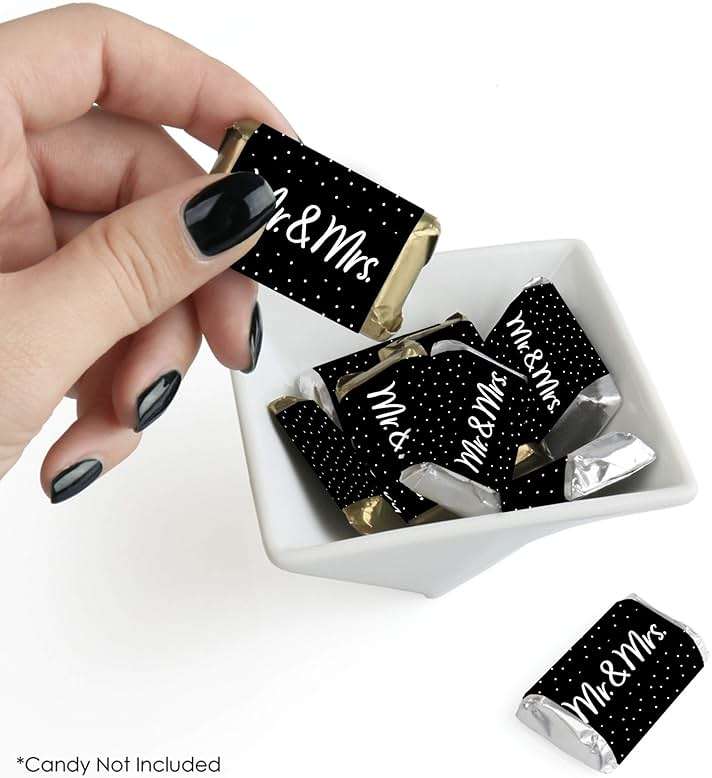 Big Dot of Happiness Mr. and Mrs. - Mini Candy Bar Wrapper Stickers - Black and White Wedding or Bridal Shower Small Favors - 40 Count - Image 3