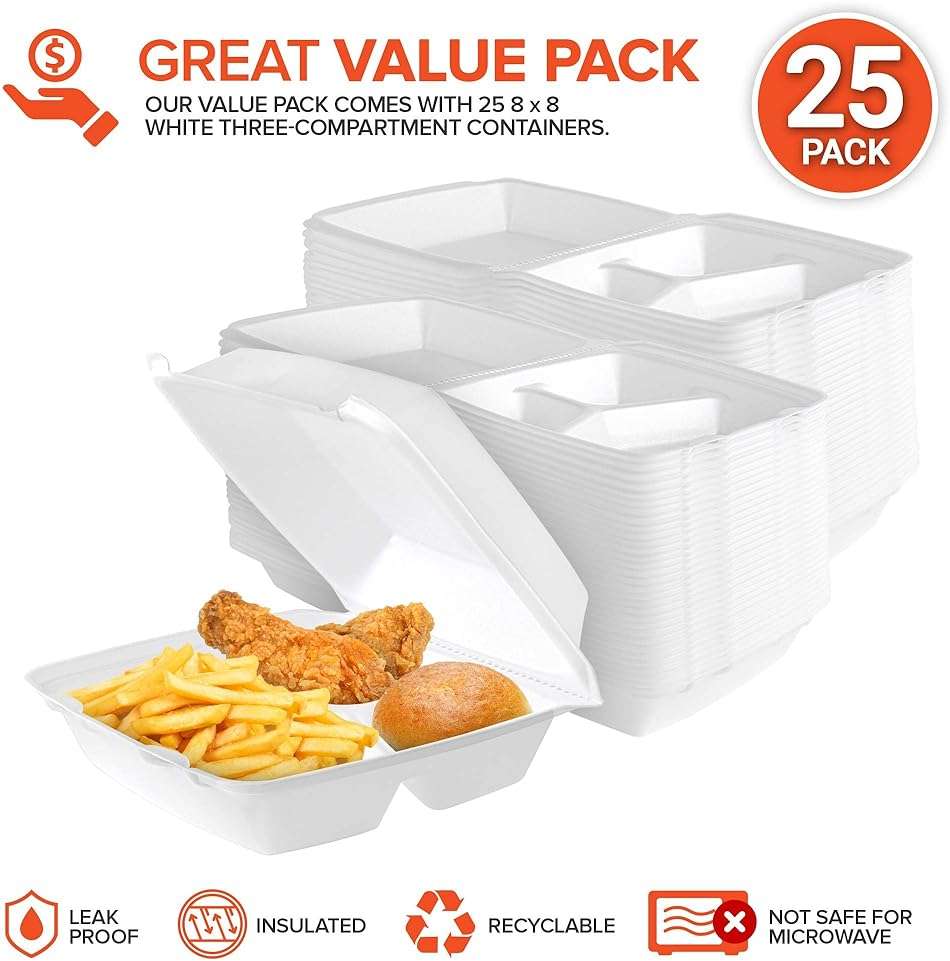 Stock Your Home 8x8 Clamshell Take Out Boxes (25 Pack) Medium 3-Compartment Foam Food Containers Disposable Lunch Container, Restaurant Togo Trays with Hinged Lids for Takeout, Carryout, and Meal-Prep - Image 3