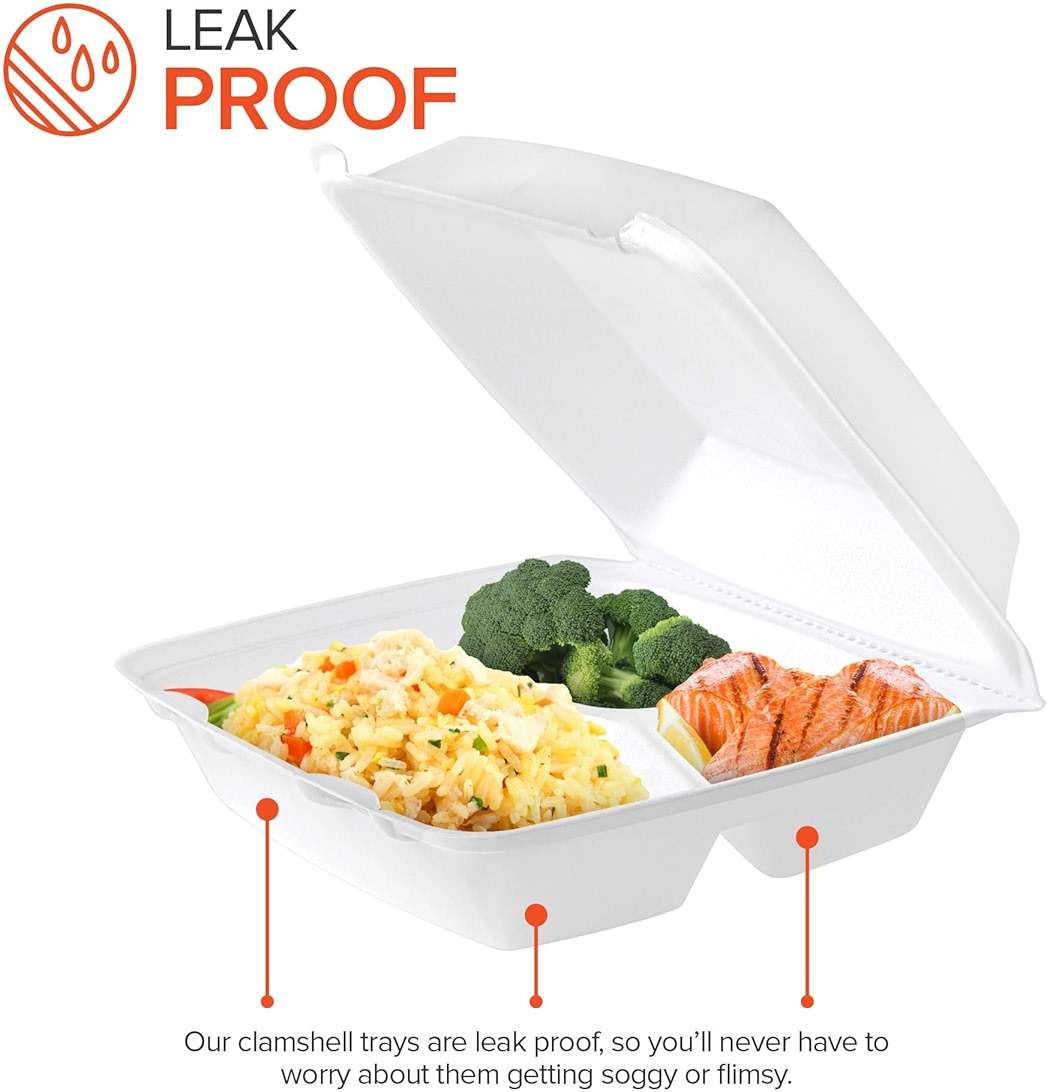 Stock Your Home 8x8 Clamshell Take Out Boxes (25 Pack) Medium 3-Compartment Foam Food Containers Disposable Lunch Container, Restaurant Togo Trays with Hinged Lids for Takeout, Carryout, and Meal-Prep - Image 5
