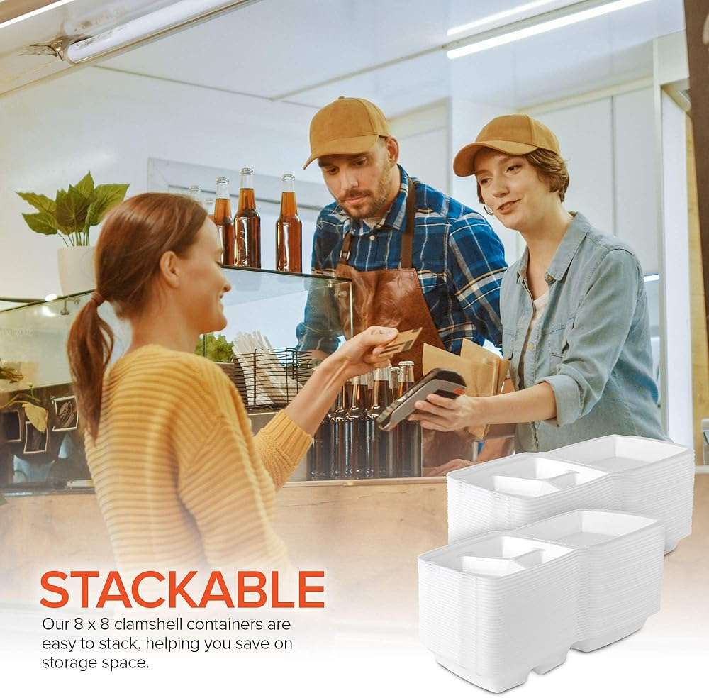 Stock Your Home 8x8 Clamshell Take Out Boxes (25 Pack) Medium 3-Compartment Foam Food Containers Disposable Lunch Container, Restaurant Togo Trays with Hinged Lids for Takeout, Carryout, and Meal-Prep - Image 6