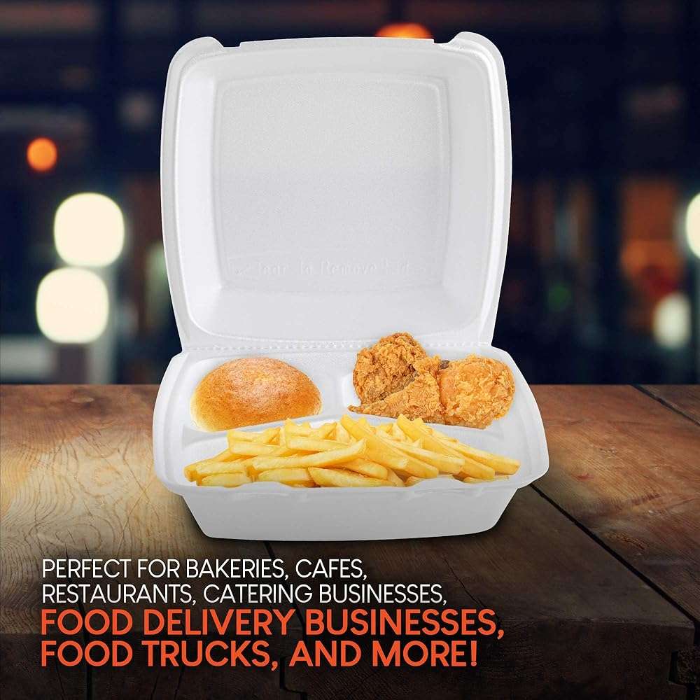 Stock Your Home 8x8 Clamshell Take Out Boxes (25 Pack) Medium 3-Compartment Foam Food Containers Disposable Lunch Container, Restaurant Togo Trays with Hinged Lids for Takeout, Carryout, and Meal-Prep - Image 8