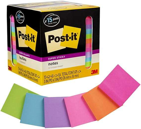 Post-it Super Sticky Notes, 15 Sticky Notes Pads, 3 x 3 in., School Supplies and Oﬃce Supplies, 2X the Sticking Power, Assorted Brights - Image 1