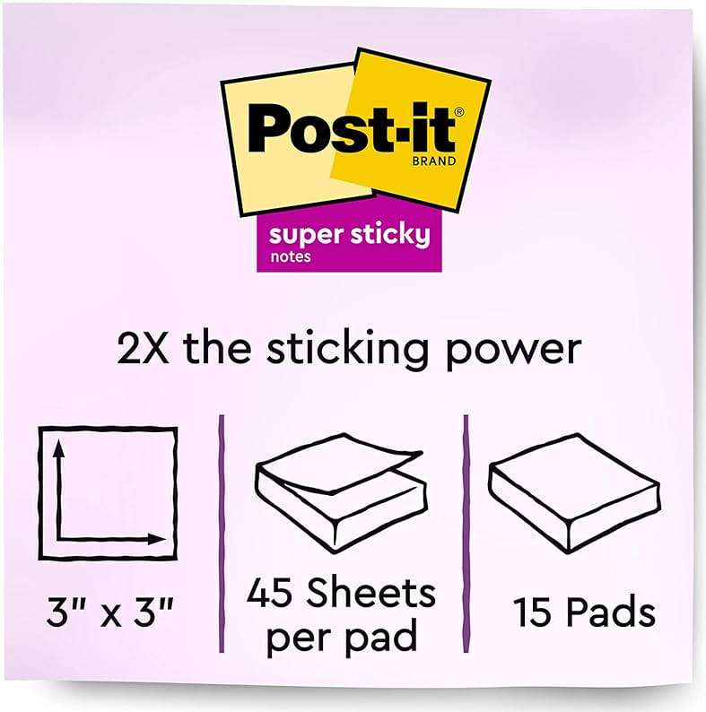Post-it Super Sticky Notes, 15 Sticky Notes Pads, 3 x 3 in., School Supplies and Oﬃce Supplies, 2X the Sticking Power, Assorted Brights - Image 3