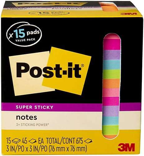 Post-it Super Sticky Notes, 15 Sticky Notes Pads, 3 x 3 in., School Supplies and Oﬃce Supplies, 2X the Sticking Power, Assorted Brights - Image 7