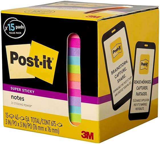 Post-it Super Sticky Notes, 15 Sticky Notes Pads, 3 x 3 in., School Supplies and Oﬃce Supplies, 2X the Sticking Power, Assorted Brights - Image 8