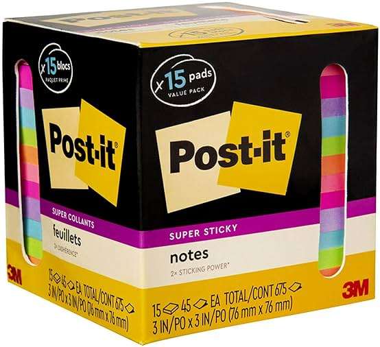 Post-it Super Sticky Notes, 15 Sticky Notes Pads, 3 x 3 in., School Supplies and Oﬃce Supplies, 2X the Sticking Power, Assorted Brights - Image 9