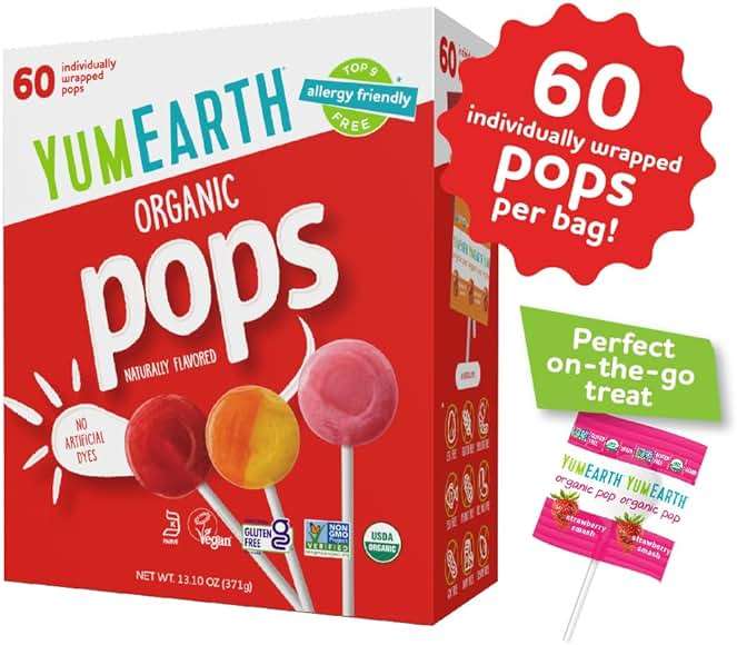 YumEarth Organic Pops Variety Pack, 60 Fruit Flavored Favorites Lollipops, Allergy Friendly, Gluten Free, Non-GMO, Vegan, No Artificial Flavors or Dyes - Image 2
