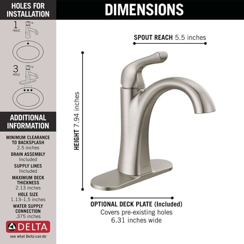 Delta Arvo Brushed Nickel Bathroom Faucet 1 Hole, Single Hole Bathroom Sink Faucet for Vanity, Push-Pop Drain Assembly, Spotshield Stainless 15840LF-SP - Image 3