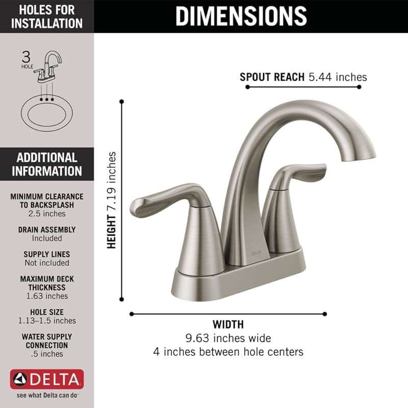 Delta Arvo Centerset Bathroom Faucet, Brushed Nickel 2-Handle Bathroom Faucet, Delta Bathroom Sink Faucet, Brushed Nickel 3-Hole Bathroom Faucet, Spotshield Stainless 25840LF-SS - Image 3