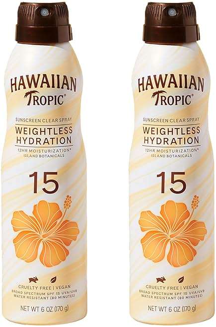 Hawaiian Tropic Weightless Hydration Clear Spray Sunscreen SPF 15, 6oz Twin Pack, Hawaiian Tropic Sunscreen SPF 15, Sunblock, Oxybenzone Free Sunscreen, Spray On Sunscreen Pack, 6 oz each - Image 1