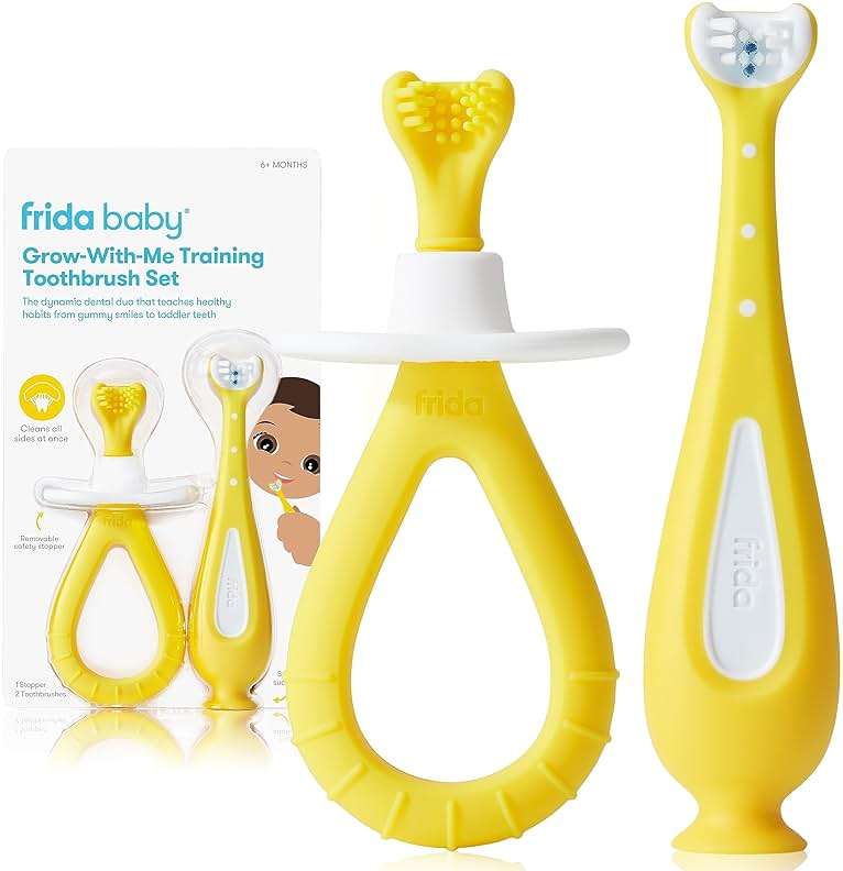 Frida Baby Grow-with-Me Training Toothbrush Set, Infant Baby Tooth brush & Toddler Toothbrush 6-18 Months, Soft Silicone Bristles, BPA-Free Oral Care for Sensitive Gums, Yellow - Image 1
