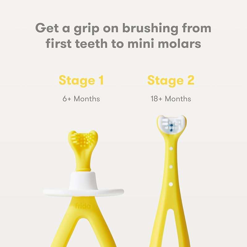 Frida Baby Grow-with-Me Training Toothbrush Set, Infant Baby Tooth brush & Toddler Toothbrush 6-18 Months, Soft Silicone Bristles, BPA-Free Oral Care for Sensitive Gums, Yellow - Image 2