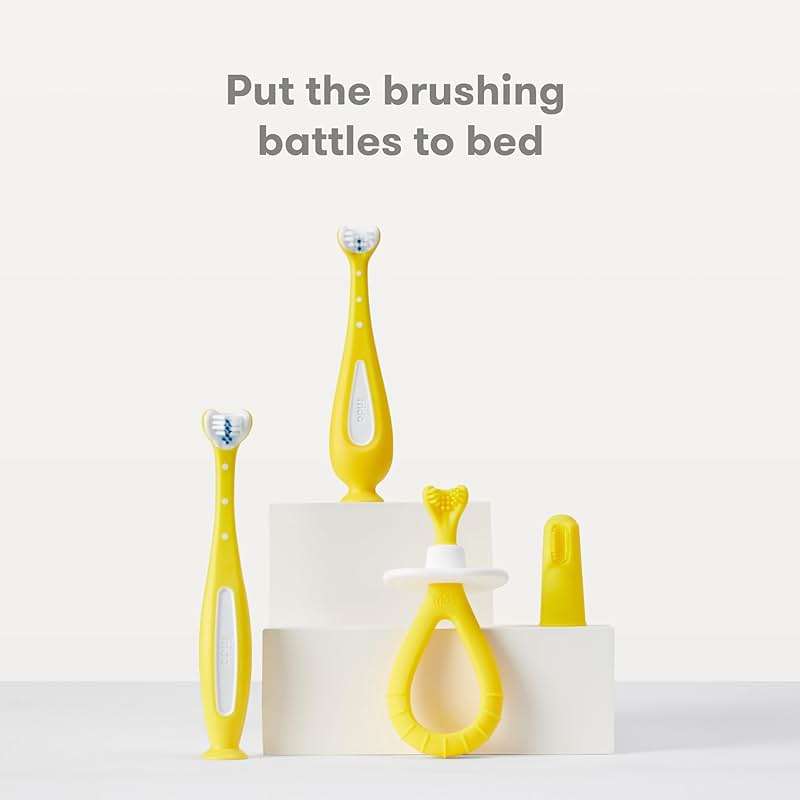 Frida Baby Grow-with-Me Training Toothbrush Set, Infant Baby Tooth brush & Toddler Toothbrush 6-18 Months, Soft Silicone Bristles, BPA-Free Oral Care for Sensitive Gums, Yellow - Image 6