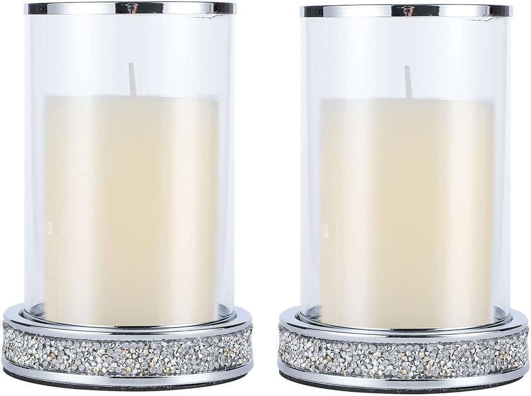 Pillar Candle Holders set of 2,Hurricane Candle Holders for Pillar Candle,Glass Candle Holder for Coffee Dining Table, Wedding, Christmas, Halloween, Home Decoration,Silver Candle Holders - Image 1