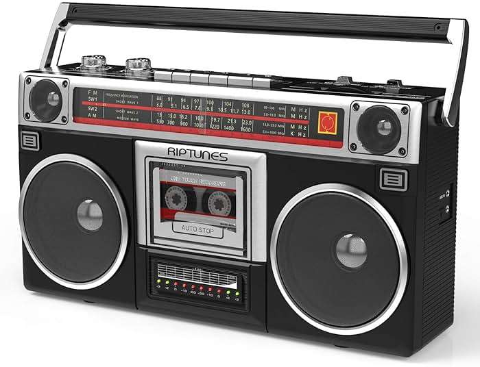 Riptunes Boombox Radio Cassette Player Recorder, AM/FM -SW1/SW2 Radio, Wireless Streaming, USB/Micro SD Slots, Aux in, Headphone Jack, Classic 80s Style Retro, Black - Image 8