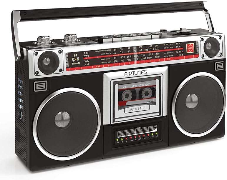 Riptunes Boombox Radio Cassette Player Recorder, AM/FM -SW1/SW2 Radio, Wireless Streaming, USB/Micro SD Slots, Aux in, Headphone Jack, Classic 80s Style Retro, Black - Image 9