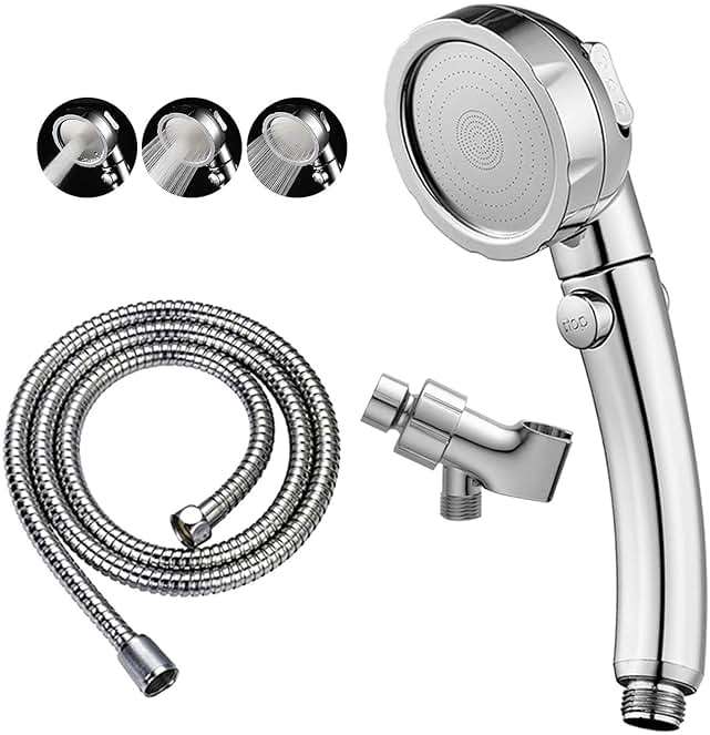 KAIYING Chrome High Pressure Handheld Shower Head with ON/OFF Pause Switch, 3 Spray Modes Shower Wand with Shut Off Button, Removable Camper Shower Head with Hose and Adjustable Angle Bracket - Image 1