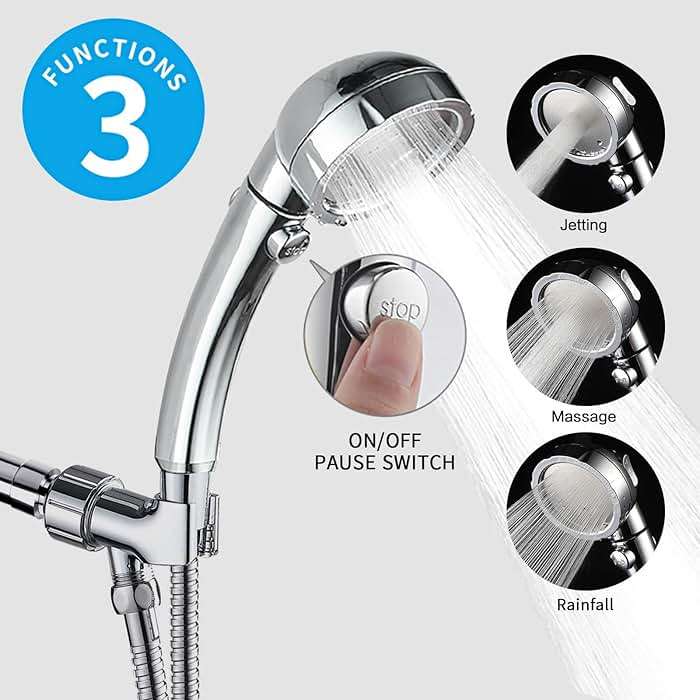 KAIYING Chrome High Pressure Handheld Shower Head with ON/OFF Pause Switch, 3 Spray Modes Shower Wand with Shut Off Button, Removable Camper Shower Head with Hose and Adjustable Angle Bracket - Image 3