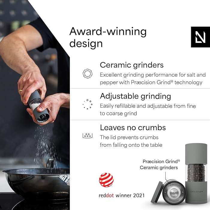 LARS NYSØM Salt and Pepper Grinder Set, Manual Salt and Pepper Mills with Adjustable Ceramic Grinder, Design Spice Shaker Set (Ash Gray) - Image 2