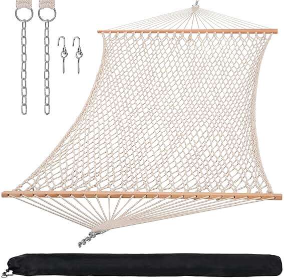 SUNCREAT Hammocks Traditional Rope Double Hammock with Hardwood Spreader Bar and Carrying Bag, 450 lbs Capacity, Natural - Image 1