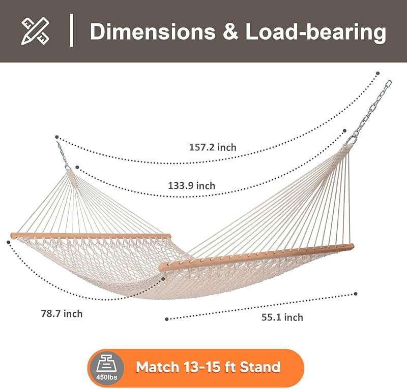 SUNCREAT Hammocks Traditional Rope Double Hammock with Hardwood Spreader Bar and Carrying Bag, 450 lbs Capacity, Natural - Image 3