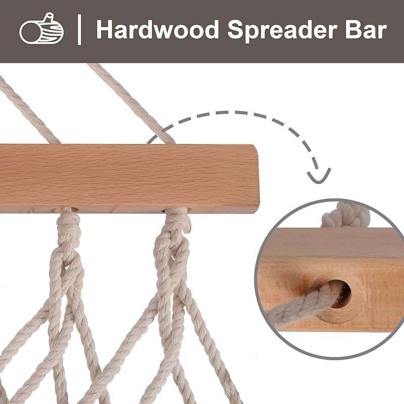 SUNCREAT Hammocks Traditional Rope Double Hammock with Hardwood Spreader Bar and Carrying Bag, 450 lbs Capacity, Natural - Image 4