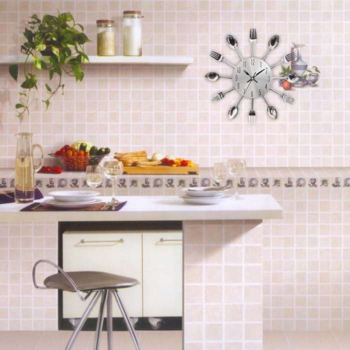 Timelike Kitchen Wall Clock, 3D Removable Modern Creative Cutlery Kitchen Spoon Fork Wall Clock Mirror Wall Decal Wall Sticker Room Home Decoration - Image 2