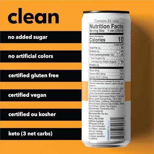 Tru Energy Drink, Caffeinated Sparkling Water with Real Fruit Juice, Orange Mango Flavored Seltzer, Natural Caffeine, No Added Sugar, Keto, Vegan, Kosher, Gluten Free, 12 Fl Oz (Pack of 12) - Image 2