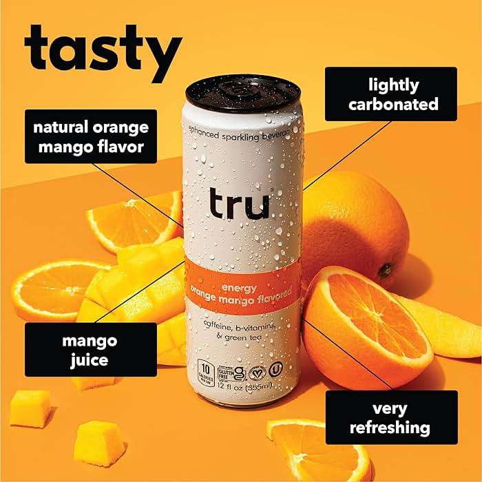 Tru Energy Drink, Caffeinated Sparkling Water with Real Fruit Juice, Orange Mango Flavored Seltzer, Natural Caffeine, No Added Sugar, Keto, Vegan, Kosher, Gluten Free, 12 Fl Oz (Pack of 12) - Image 4