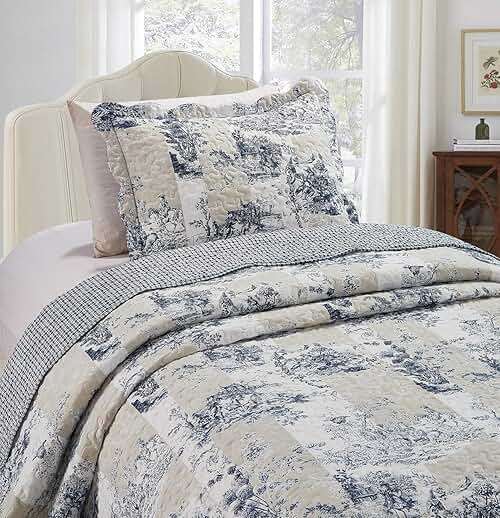 Brilliant Sunshine Blue Toile in Beige and Ivory Patches Quilt Twin Size, Bedding Set with Sham, Reversible Bedspread, Soft Lightweight Coverlet for All Seasons (68"x90") - Image 3